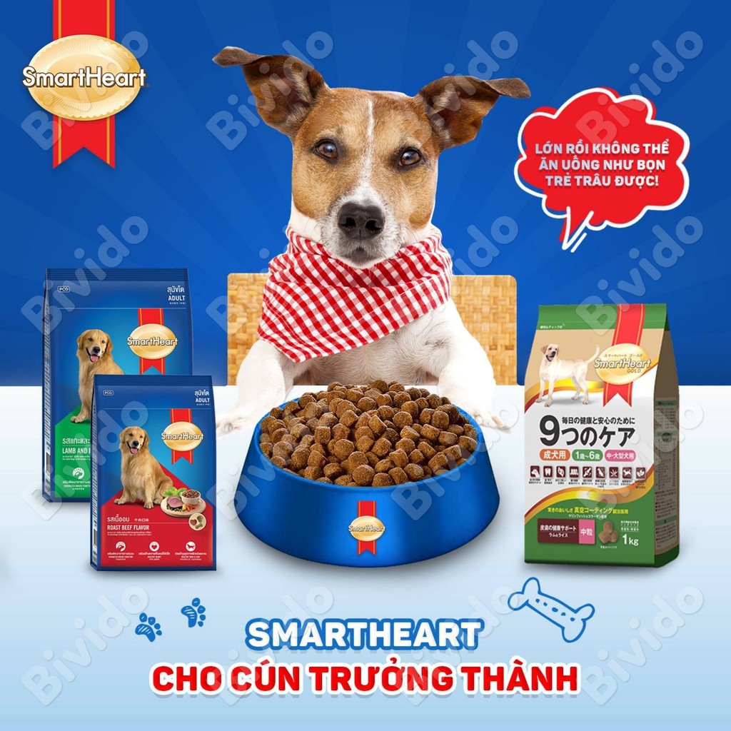 Thức ăn chó lớn Smartheart Adult vị bò, cừu túi 400g - Bivido