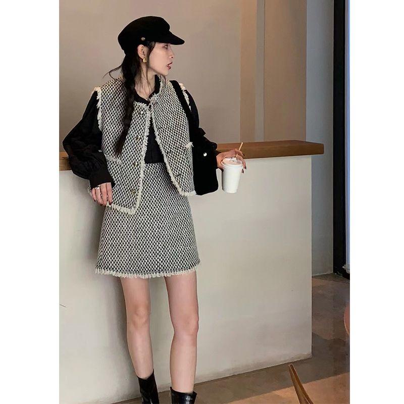Set Dạ Tweed Áo Khoác Dạ Tweed Gile Nữ Kèm Chân Váy Dạ Chữ A Lưng Cao Thu Đông Công Sở Sang Chảnh Hàn Quốc SD042