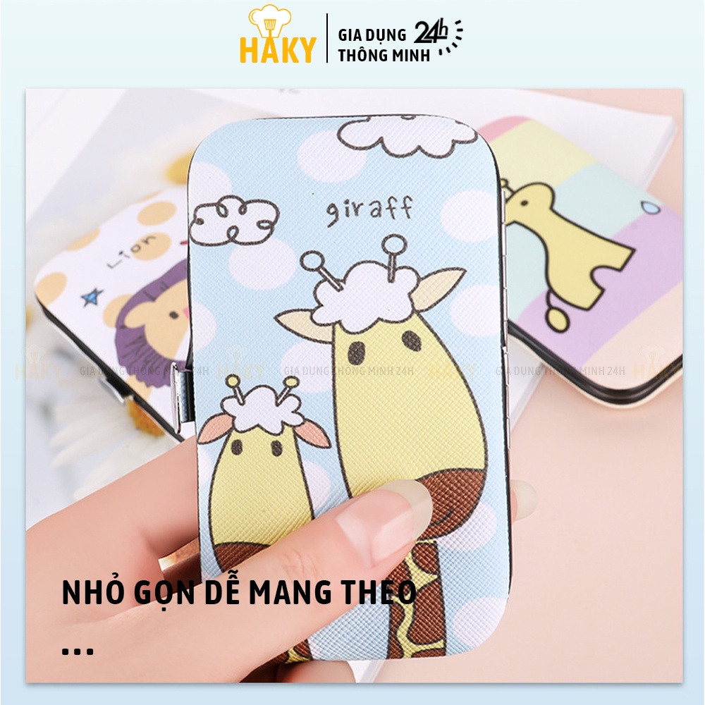 Bộ bấm móng tay 7 món thép không gỉ bao da in hình ngộ nghĩnh HAKY014, bộ dụng cụ cắt móng đa năng fullbox cao cấp