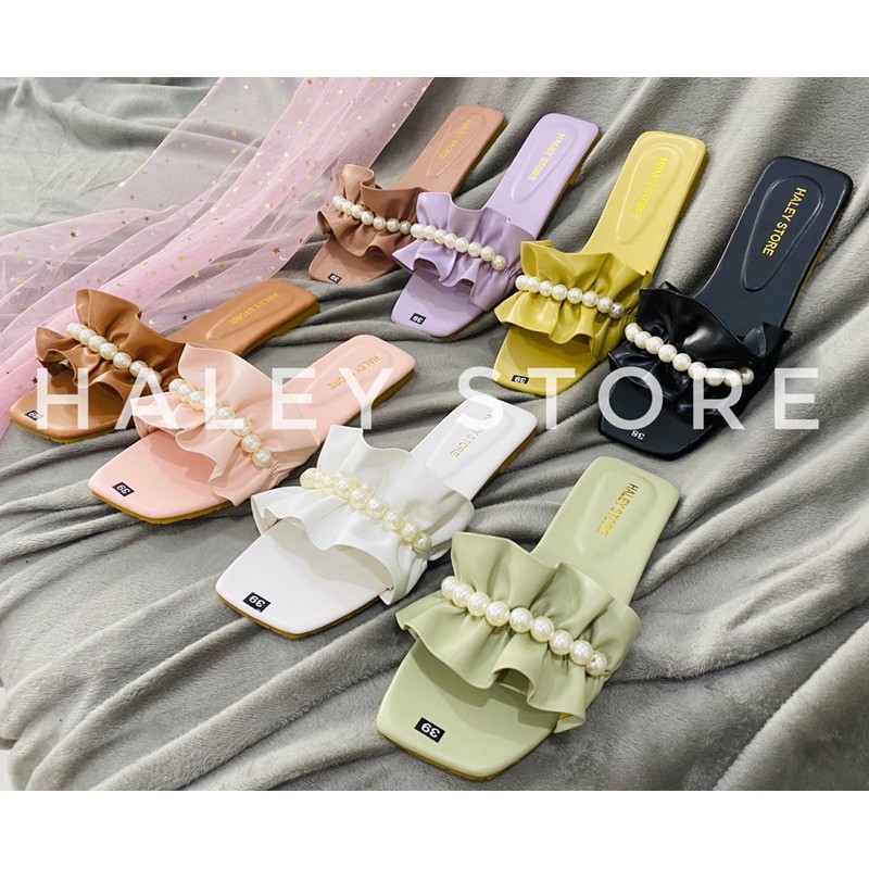 Dép nữ quai ngang bèo nhún nhúm đính ngọc châu đẹp hot đi chơi đi học đi biển đi trong nhà HALEY STORE