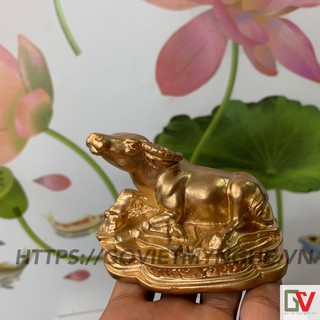 Tượng đá trang trí phong thủy bàn làm việc tượng trâu phong thủy - Màu Nhũ Đồng - Dài 10cm