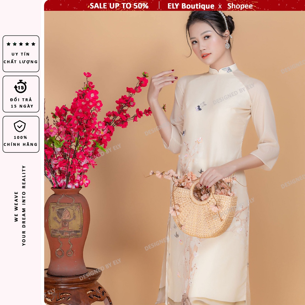 Áo dài cách tân nữ thiết kế 4 tà ELY vải voan tơ in thêu họa tiết nổi ELV06