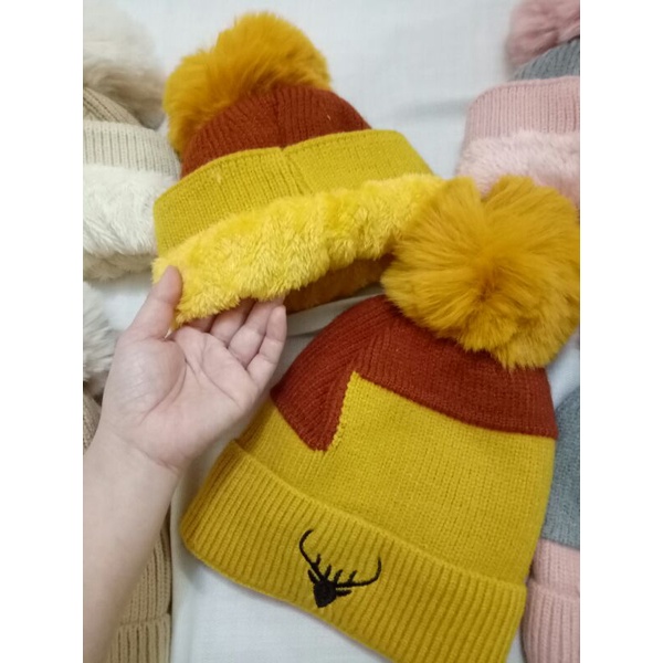 Mũ Len Lót Lông Đính Quả Bông Mềm Mại Phong Cách Hàn Quốc