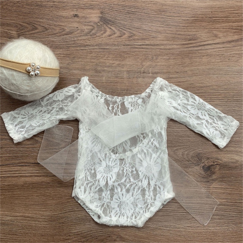 Set Áo Liền Quần Ren Hoa + Băng Đô Đội Đầu Làm Phụ Kiện Chụp Ảnh Cho Bé