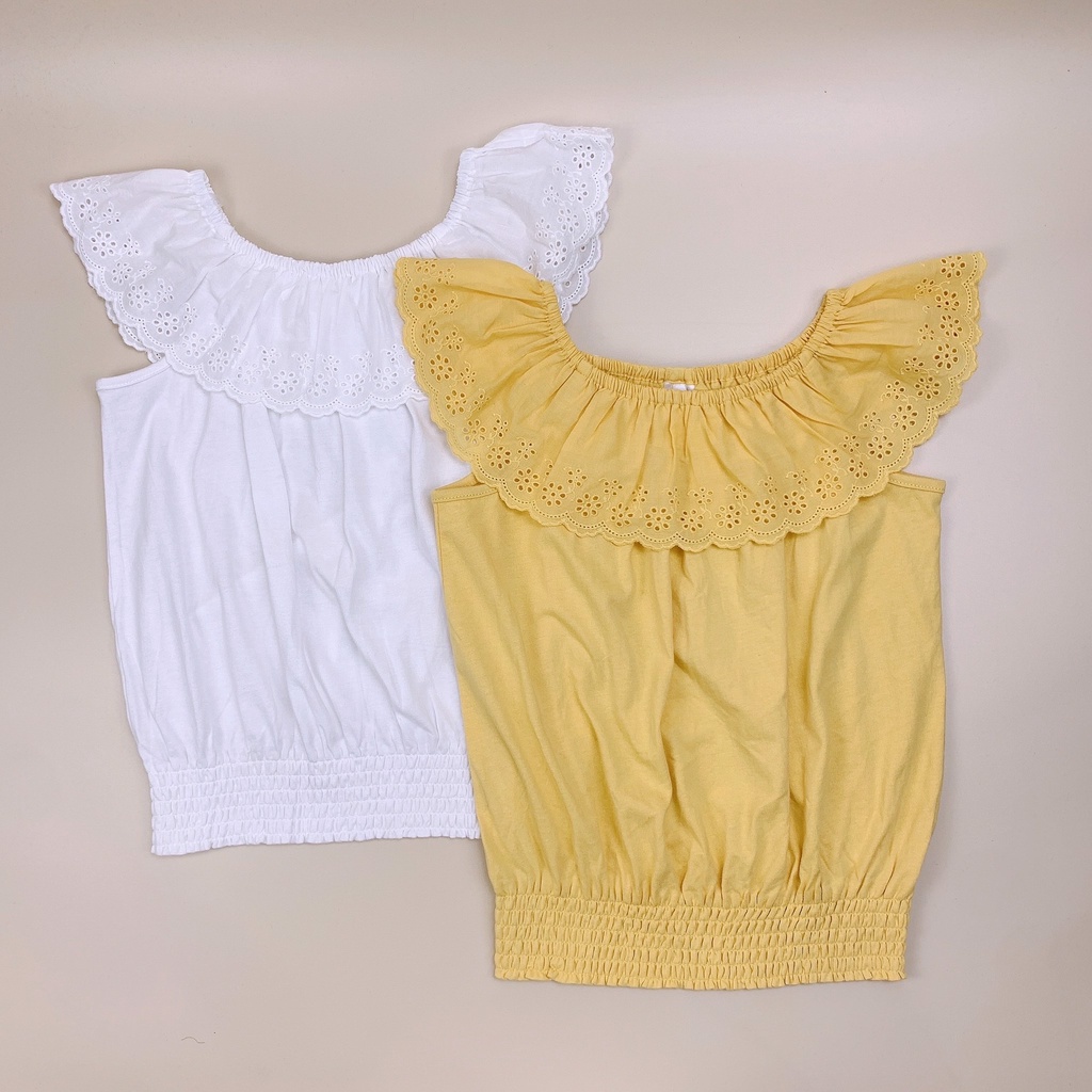 Áo cotton Youth phối cổ thô ren đục lỗ bo gấu màu vàng / trắng 7 - 16y