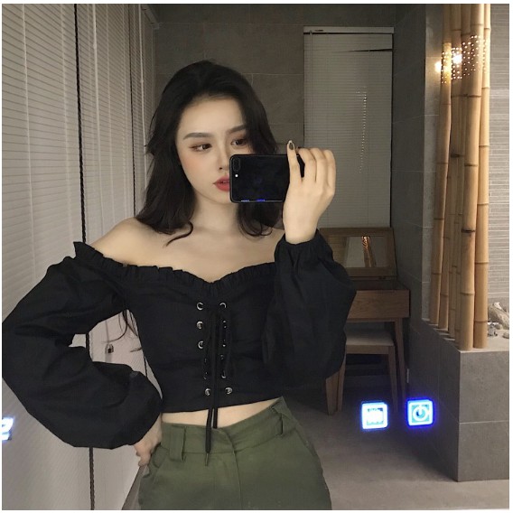 Áo sơ mi croptop trễ vai rút dây sexy tay bồng (hàng Quảng Châu)