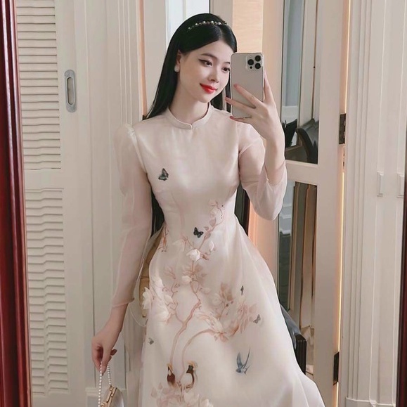 Áo dài cách tân cao cấp dài tay đính hoa duyên dáng - A20