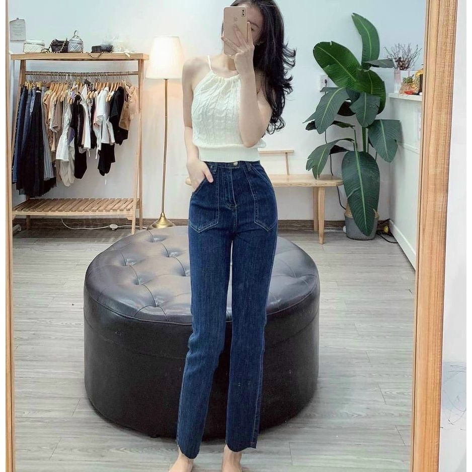 Quần bò ống đứng túi trước cạp cao 🌸 Jeans cắt gấu basic phong cách sang chảnh Hàn Quốc YANSOO