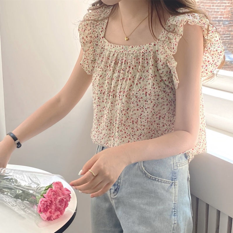 Áo Sơ Mi Nữ Tay Cánh Tiên Họa Tiết Hoa Nhỏ Xinh Xắn