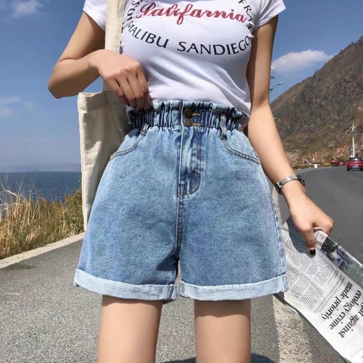 Quần Short Jean Lưng Thun, Quần Jean Đùi Nữ Ngắn Ống Rộng 2 Khuy Lưng Co Giãn Ulzzang, Labibi  ྇ ྇