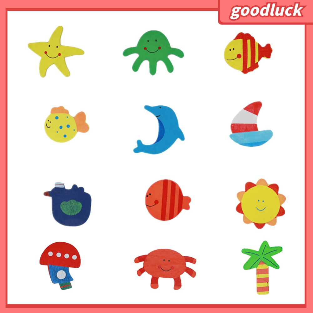 Bộ 12 miếng dán nam châm bằng gỗ hình hoạt hình mặt trời cá tính trang trí tủ lạnh cho bé