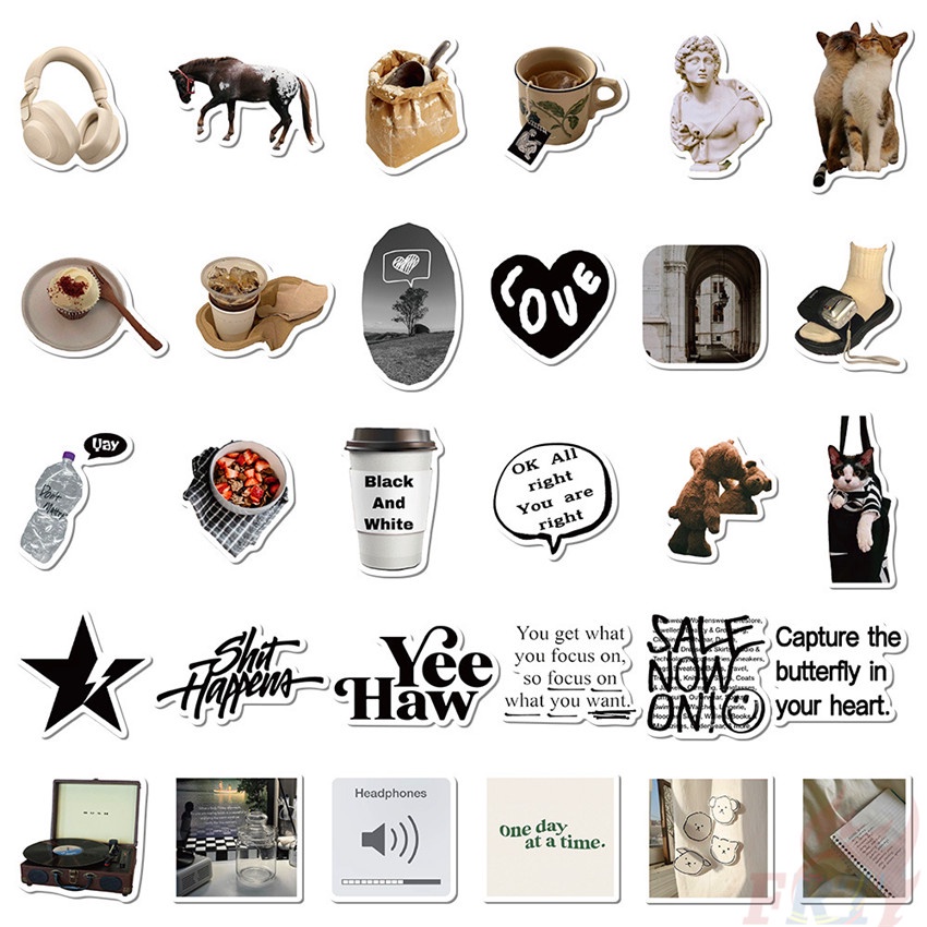 ❉ Set 04 Sticker Dán Trang Trí Màu Trắng Đen Phong Cách Bắc Âu Cổ Điển ❉ Bộ 60 Sticker Chống Thấm Nước Họa Tiết Doodle Hợp Thời Trang