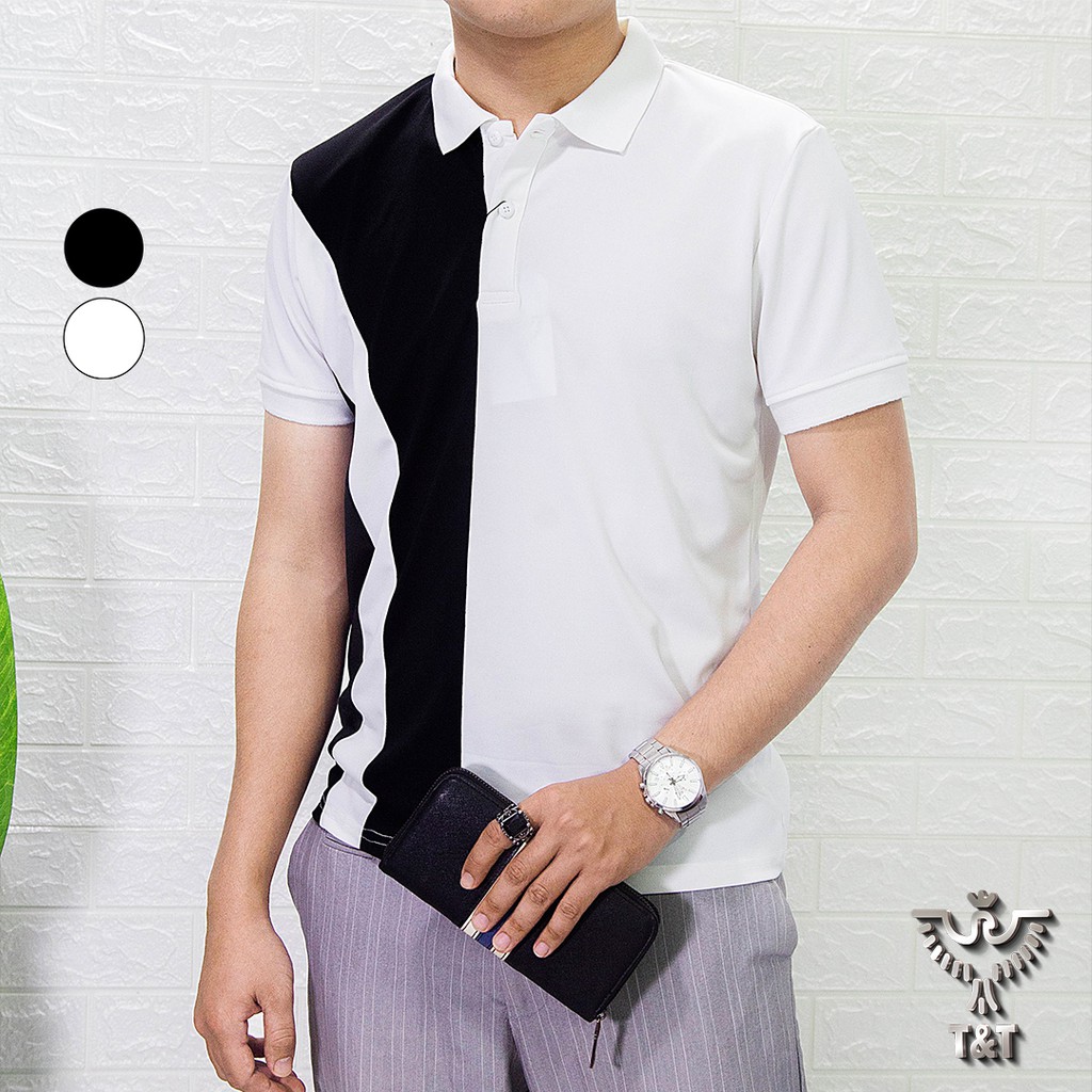 Áo polo nam áo thun nam có cổ tay ngắn phối đen trắng kiểu dáng hàn quốc chất cotton co dãn thoáng mát PL209