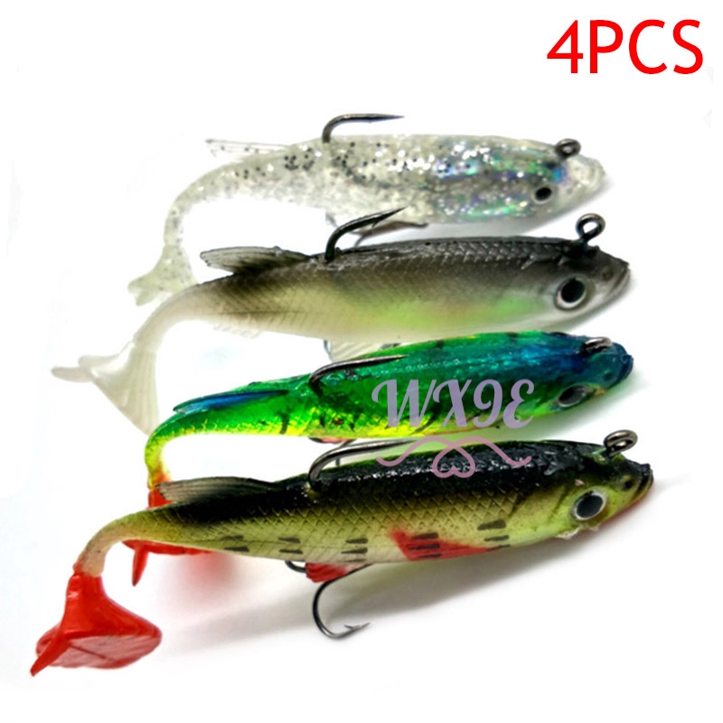 WX9E 4pcs New Arrive 8cm 14g Soft Bait Lead Head Sea Fish Lures Fishing Tackle Sharp Treble Hook T Tail *VN