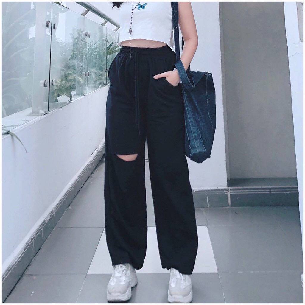 Quần ống rộng ulzzang rách 1 bên chất thun mềm mịn, siêu hack chân dài 110cm, lên form bao chuẩn