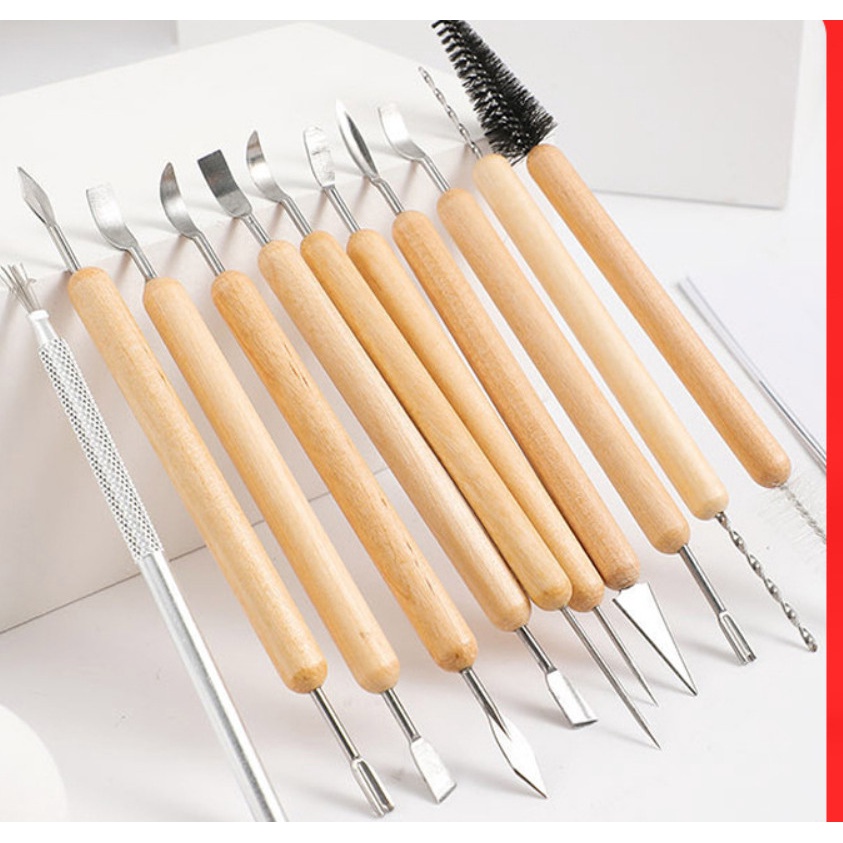Dụng cụ 11 cây điêu khắc đất sét thiết kế cán gỗ cho người mới bắt đầu