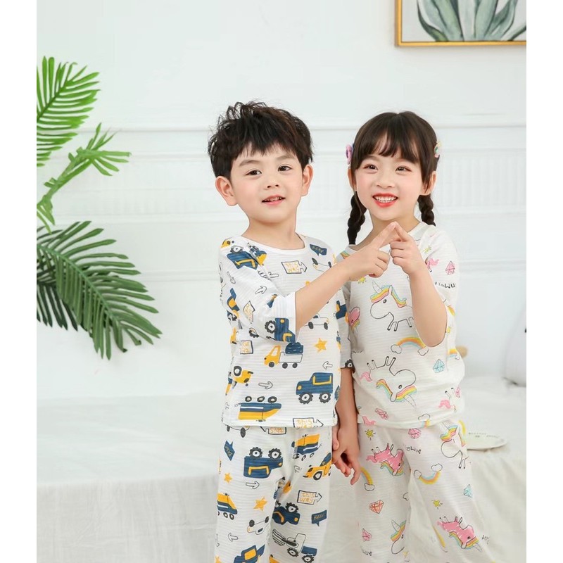 Đồ Bộ Chất Cotton Sợi Tre Size 90-140, Bộ Lửng Sợi Tre Mặc Ngủ Điều Hòa Cho Bé 1-7 tuổi (nhiều mẫu)