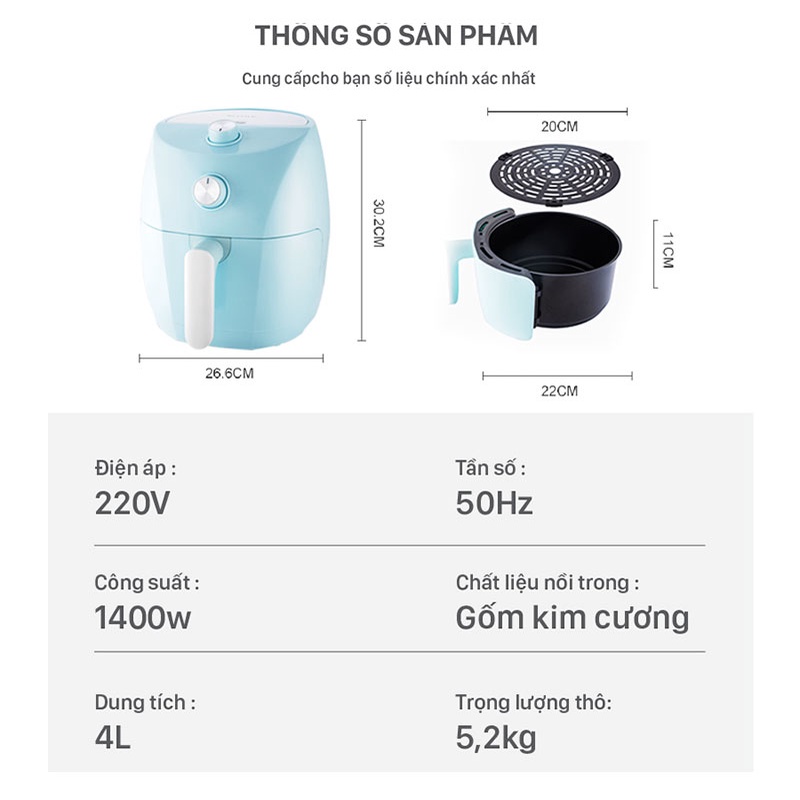 NỒI CHIÊN KHÔNG DẦU BIYI-611 4L gia dụng Nồi chiên tốt cho sức khỏe, không chứa BPA an toàn BH 12 THÁNG