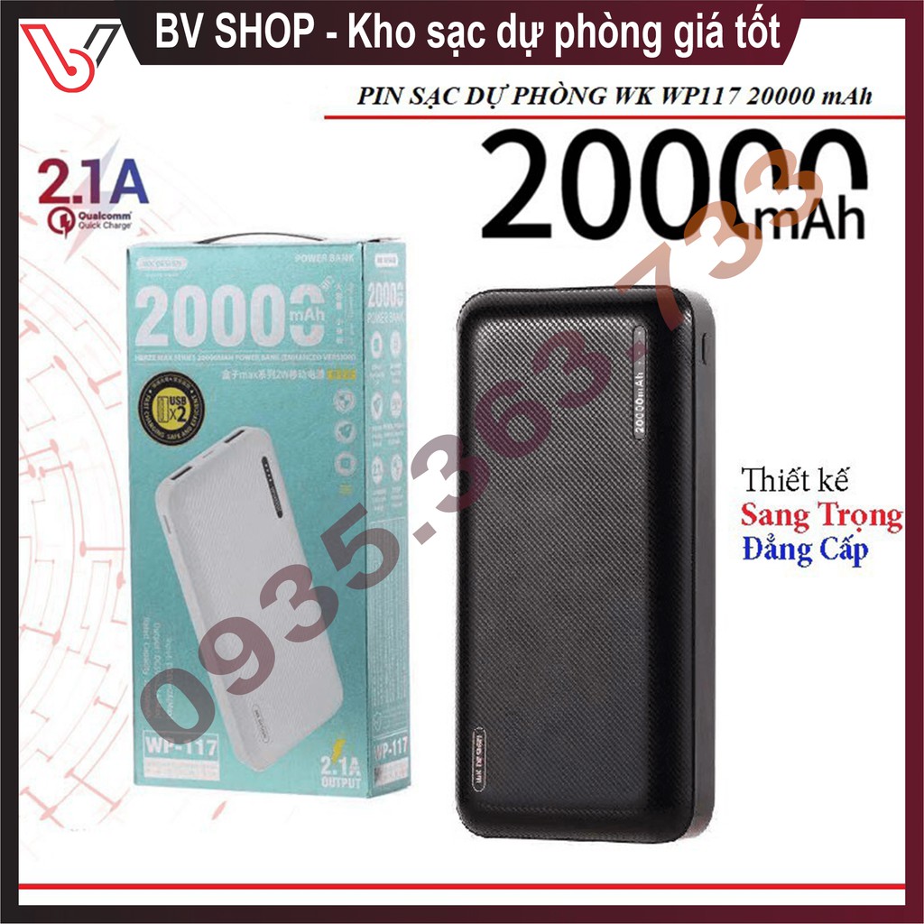 Sạc dự phòng ⚡CHÍNH HÃNG⚡ pin sạc dự phòng WK - Mã WP-117 20000mah (2 cổng) Cam kết 100% hàng chính hãng