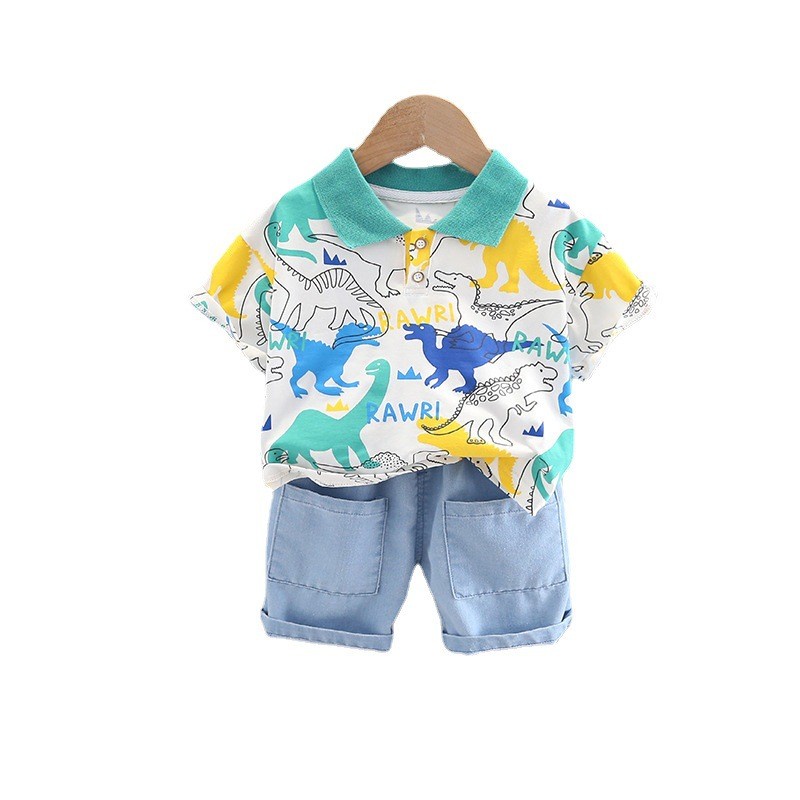 Set Đồ 2 Món Gồm Áo polo Và Quần Short denim In Hình Khủng Long Hoạt Hình Dành Cho Bé Trai 0-5 Tuổi