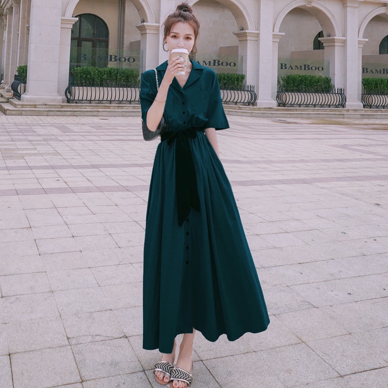 Bộ đồ mới vào mùa hè 2024  Đầm Chiffon Dáng Dài Lưng Cao Màu Xanh Lá Đậm Phong Cách Pháp Cổ Điển Thời Trang Cho Nữ v   váy hàn quốc là gầy váy dài