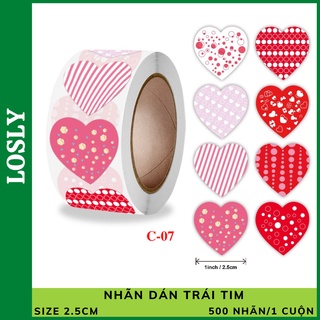Cuộn 500 nhãn dán Trái tim 8 kiểu C07 - Sticker tem nhãn dùng trang trí, tem niêm phong, decal