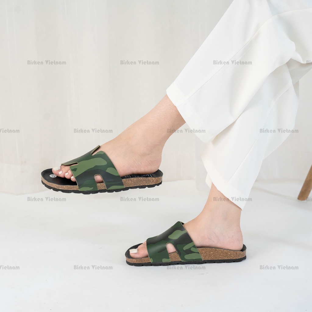 Mã R04 DÉP ĐẾ TRẤU Da PU Camo Rằn Ri Quai Chữ H Unisex Birken Vietnam Bioline