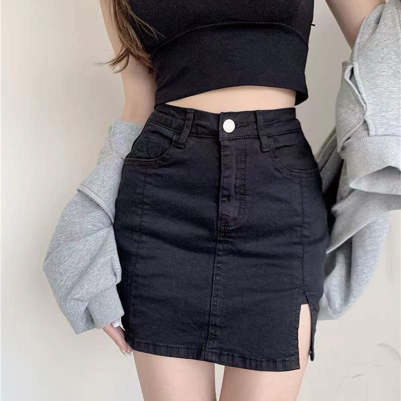 Jiashucheng Chân Váy Denim Ngắn Dáng Chữ A Xẻ Tà Co Giãn Phong Cách Mới 2022