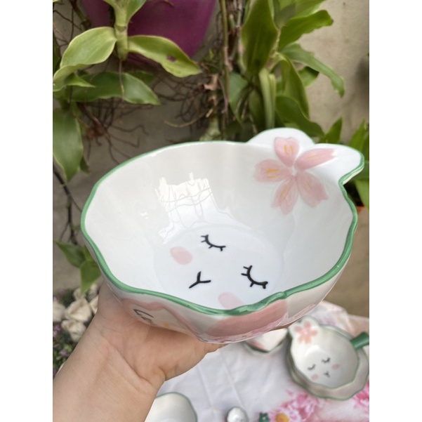 Bát Sứ Bát Ăn Cơm Bộ Bát Đĩa Decor Bộ Chén Dĩa Sứ vẽ tay họa tiết nổi sét thỏ xanh 10 món cực đáng yêu cho gia đình.