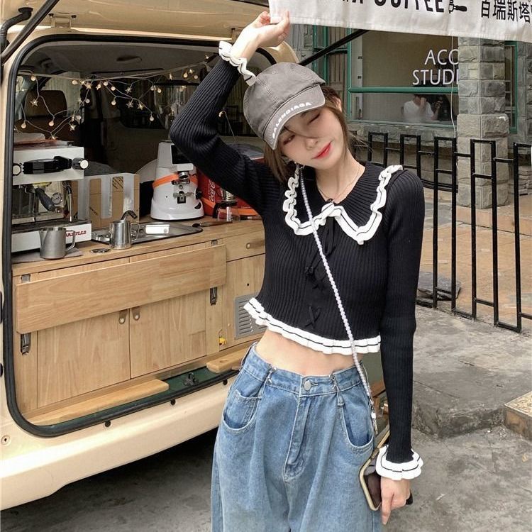 Áo Sweater Dệt Kim Tay Dài Phối Bèo Thiết Kế Hợp Thời Trang