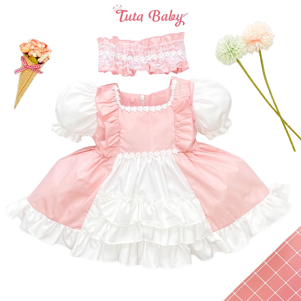 Váy Cho Bé Gái Lolita Hồng Dáng Xòe Kèm Turban Siêu Xinh FREESHIP, Váy Trẻ Em thiết kế TUTA Baby