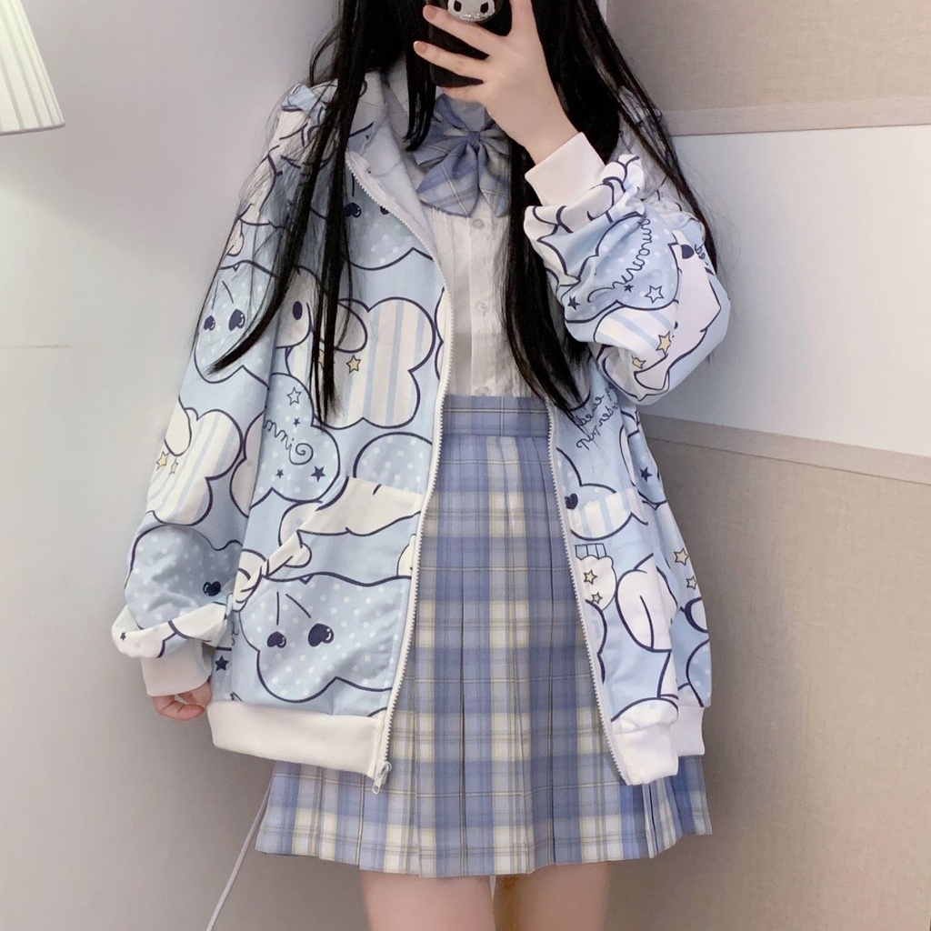 SANRIO Áo Khoác Cardigan Dáng Rộng Có Khóa Kéo In Họa Tiết Hoạt Hình Cinnamoroll Đáng Yêu Cho Nữ Sinh