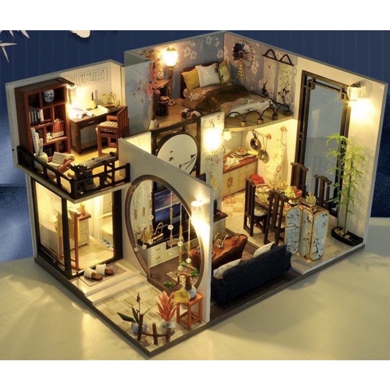 (Tặng mica,keo sữa, đèn)Mô hình nhà búp bê bé tự lắp ráp đô chơi bằng gỗ Diy doll house TD18