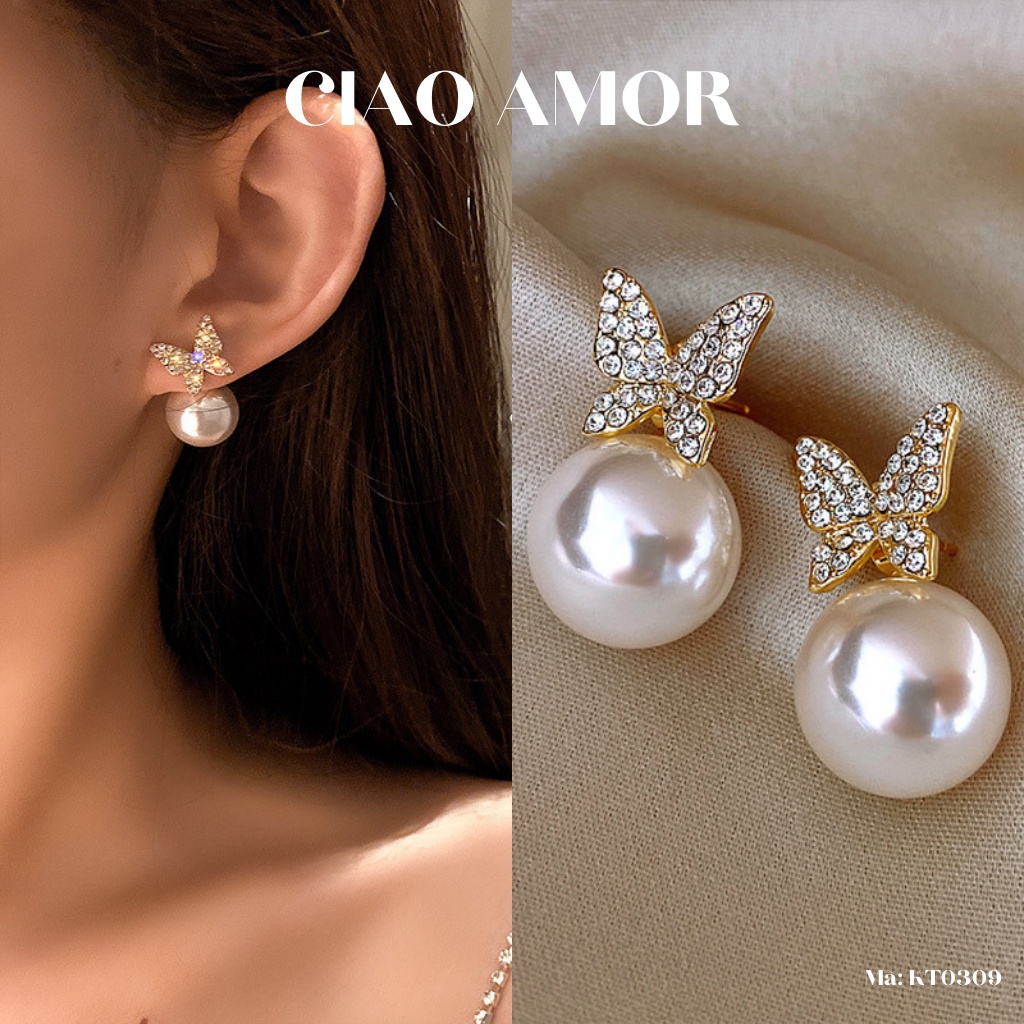Khuyên tai nữ, Bông tai nữ cánh đính ngọc to ở dưới Trang sức Ciao Amor - KT0309
