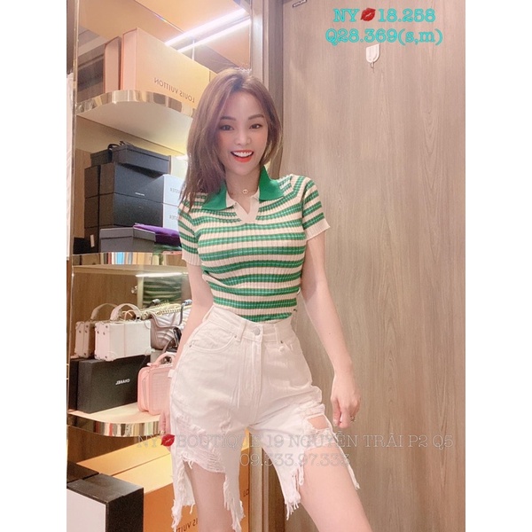 ÁO LEN TĂM XANH KẺ CỔ ĐỨC TAY CỘC DÁNG ÔM CO GIÃN MS11662