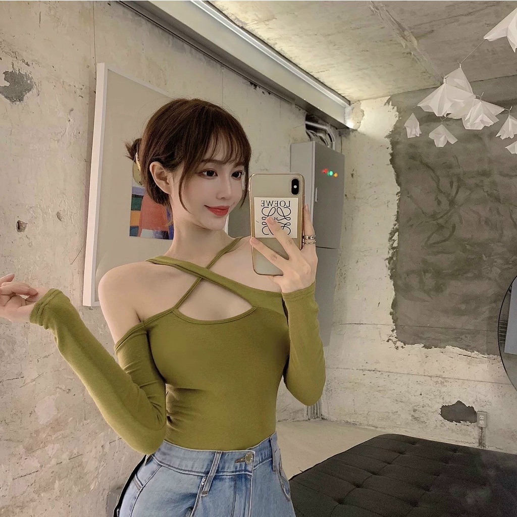 [VIDEO+FREESHIP ] ÁO CROPTOP KIỂU LỬNG NỮ DÀI TAY TRỄ VAI CHÉO NGỰC MÀU TRẮNG ĐEN XANH BƠ TIỂU THƯ CÁ TÍNH NITIQC