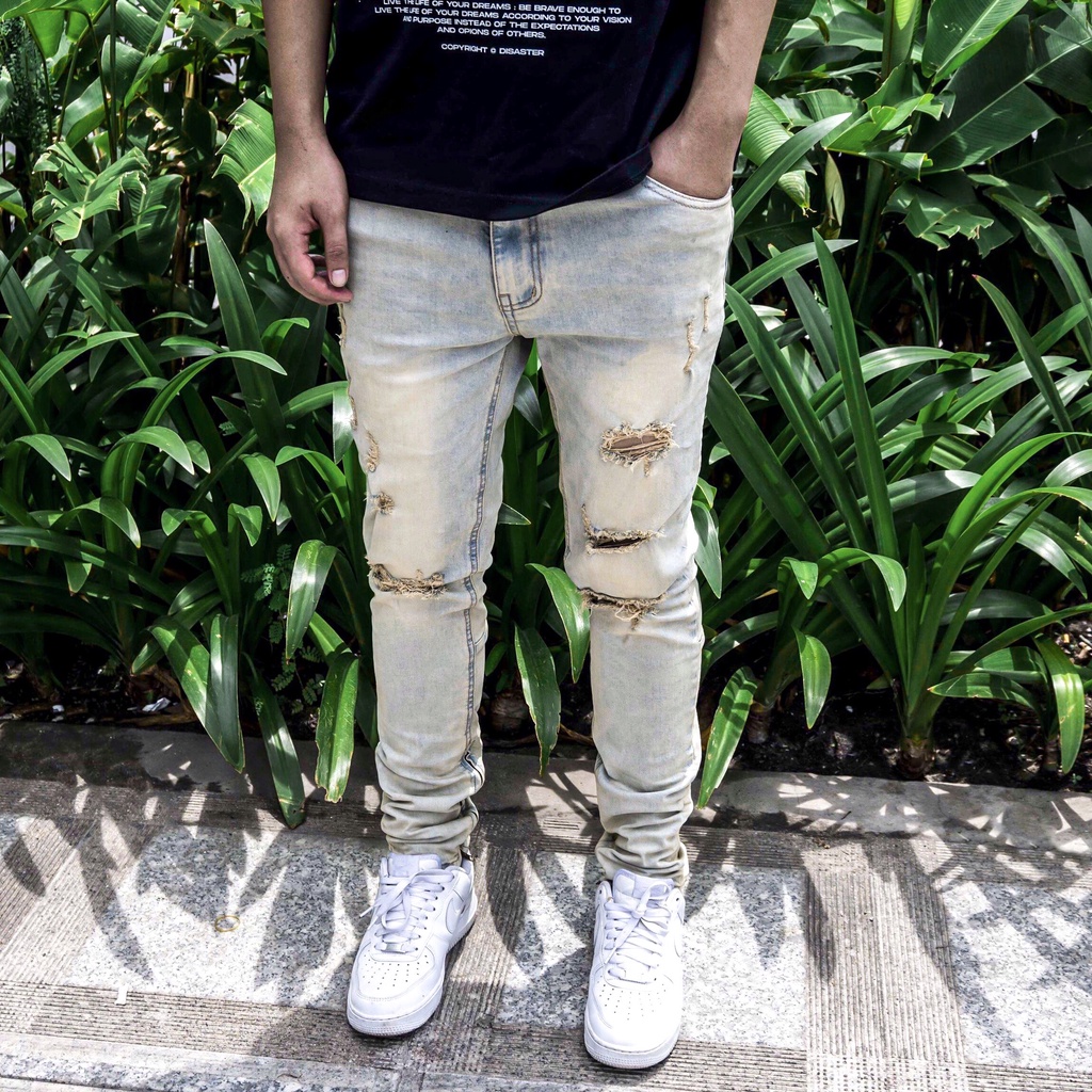 Quần jean nam streetwear cao cấp FNOS Z17 màu xanh wash bụi form slimfit có zip jean co giãn | BigBuy360 - bigbuy360.vn