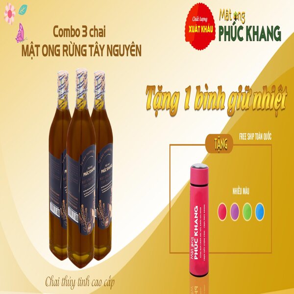 Mật ong rừng Tây Nguyên Phúc Khang 720G - Combo 3 Chai - Thu hoạch tự nhiên - Đạt chuẩn xuất khẩu - Không nhiễm hóa chất