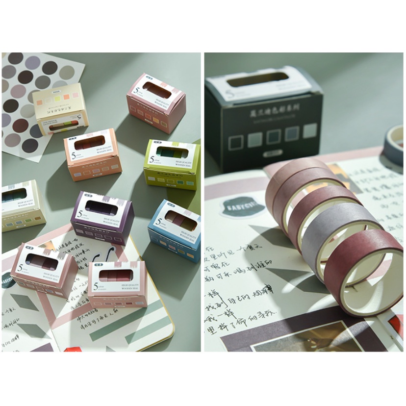 Washi tape vintage set 5 cuộn băng dính nhiều màu sắc dùng trang trí đa năng, sổ bullet journal