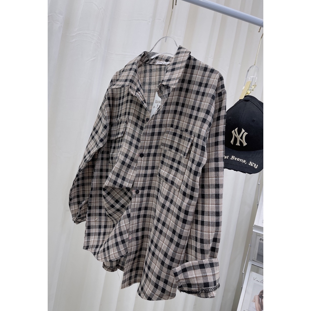 Áo sơ mi kẻ thụng nâu túi ngực áo sơ mi nữ thụng giấu quần ulzzang TL137