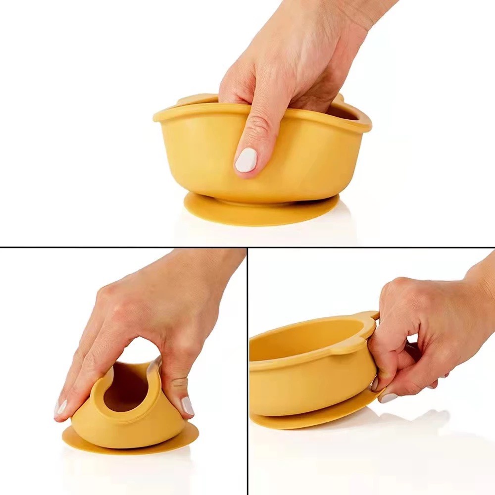 Bát silicon hình gấu tones màu Pastel phong cách Hàn Quốc, có đế hút chân không chống lật cho bé ăn dặm