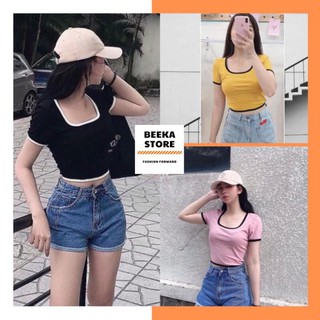 Croptop nữ dáng ôm tay ngắn phối viền cá tính, Áo croptop nữ dáng ôm body