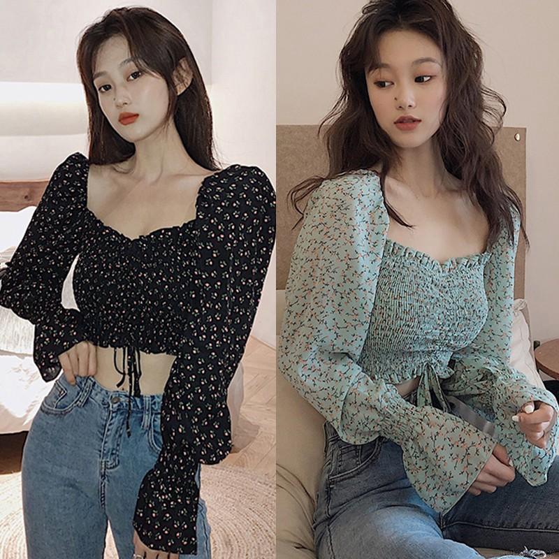 Áo Kiểu Chất Chiffon Hoạ Tiết Hoa Thiết Kế Cổ Vuông Thanh Lịch
