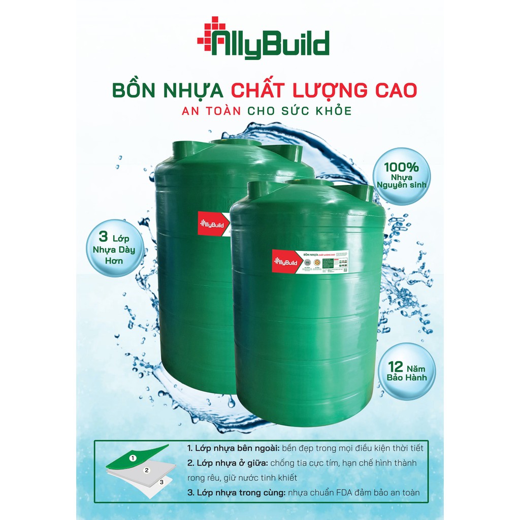 BỒN NHỰA CHẤT LƯỢNG CAO ALLYBUILD - BỒN CHƯA NƯỚC 100% NHỰA NGUYÊN SINH AN TOÀN SỨC KHỎE 1000L KIỂU ĐỨNG - ABBNN1000D