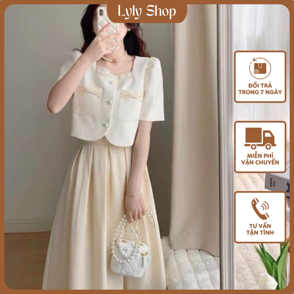 SET ÁO CROP VIỀN BÈO NGỰC TÚI ĐÍNH NƠ + CHÂN VÁY MIDI