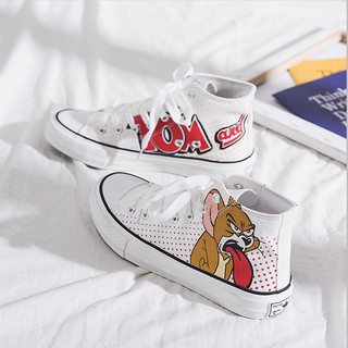 Giày Canvas Vẽ Tay Họa Tiết Mèo Và Chuột Hoạt Hình Đáng Yêu