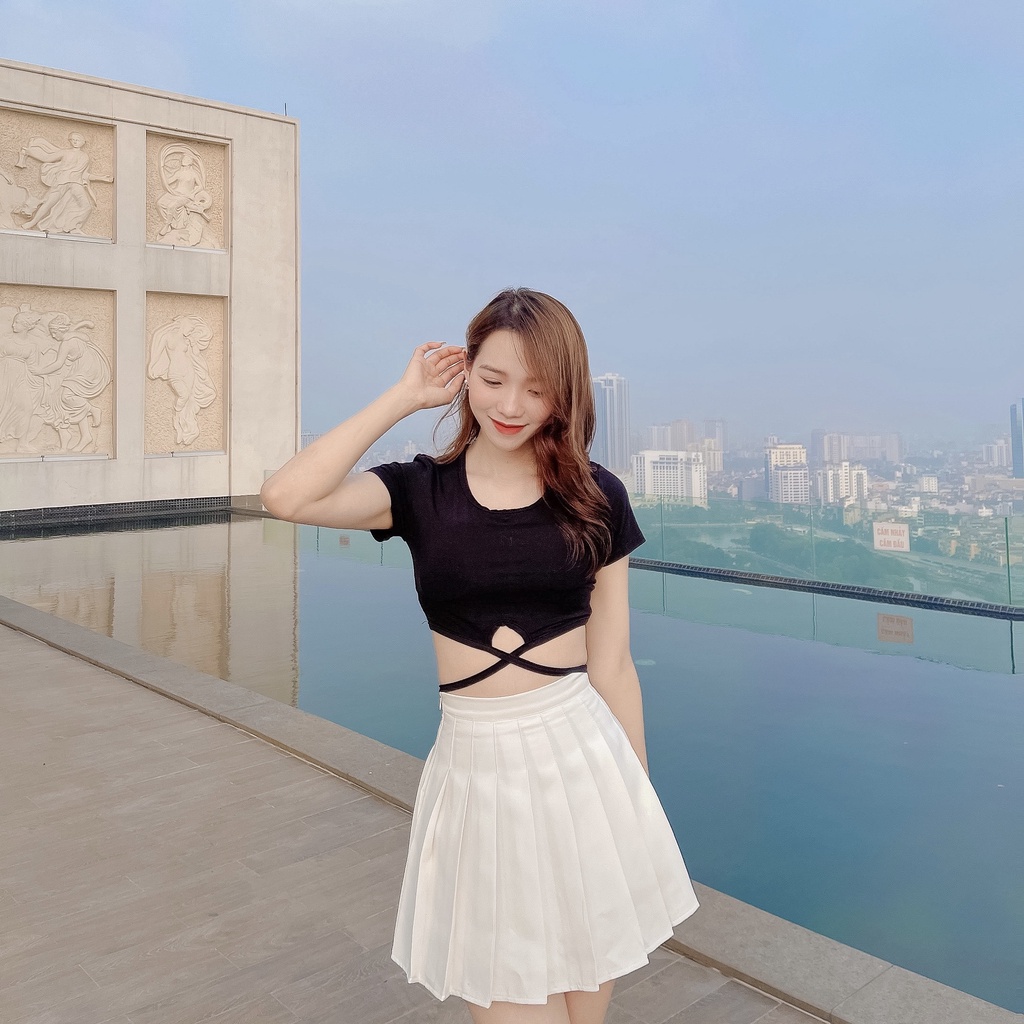 Áo croptop tay ngắn JUNEST  ôm body khoét eo  cổ vuông dây cột eo Croptop Cut out CRTBE01