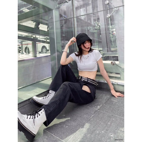 Quần jeans nữ, quần nữ ống rộng denim không cạp rách 5754