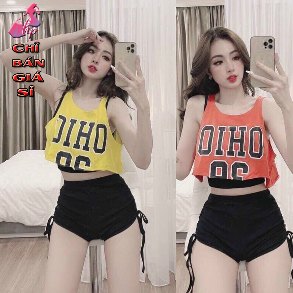 Set đồ nữ 3 món thể thao áo croptop ba lỗ sát nách phom rộng kèm áo 2 dây ôm body + quần cộc rút eo 2 bên mẫu mới sang c