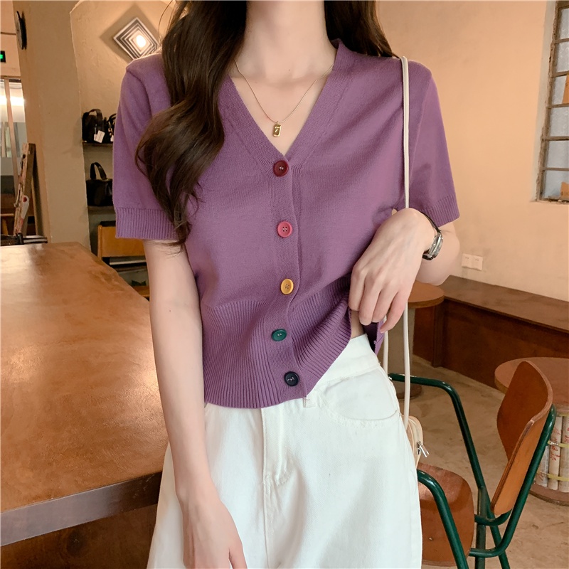 Áo Thun Ngắn Tay Cổ Chữ V Lưng Cao Phối Nút Nhiều Màu Thời Trang Cho Nữ